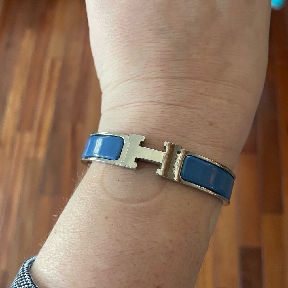 Authentic Hermes H Clip Bracelet in Blue and Silver